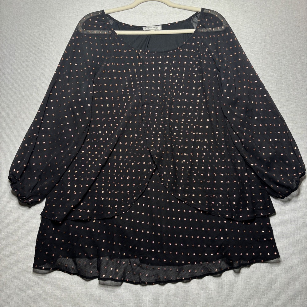 Blousology Metallic Polka Dot‎ Sheer Long Sleeve Tiered Blouse 1X